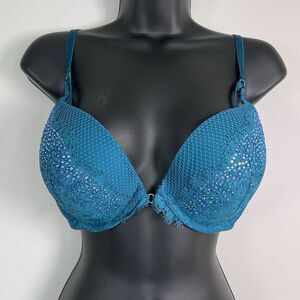 Victoria’s Secret Very Sexy Push Up/Pigeonnant  Bra 36D Teal Lace Bling NWOT